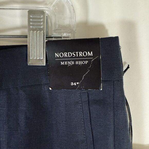 New Nordstrom Men's Shop Linen Pants Men's 34R Navy Blue Flat Front Office Work - Picture 7 of 12